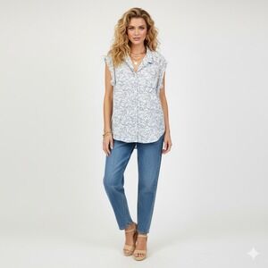 Jachs Girlfriend Blouse Womens L White Blue Floral Botanical Coastal Boho Summer